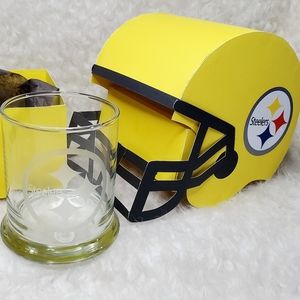 Steelers helmet box and whiskey glass